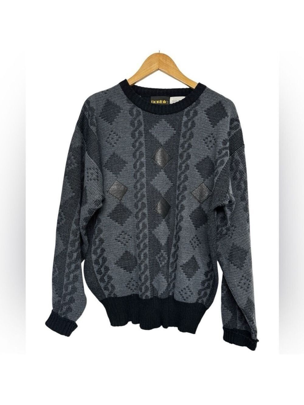 Vintage Nordic Sweater Geometric Knit 80s 90s Black Gray XL